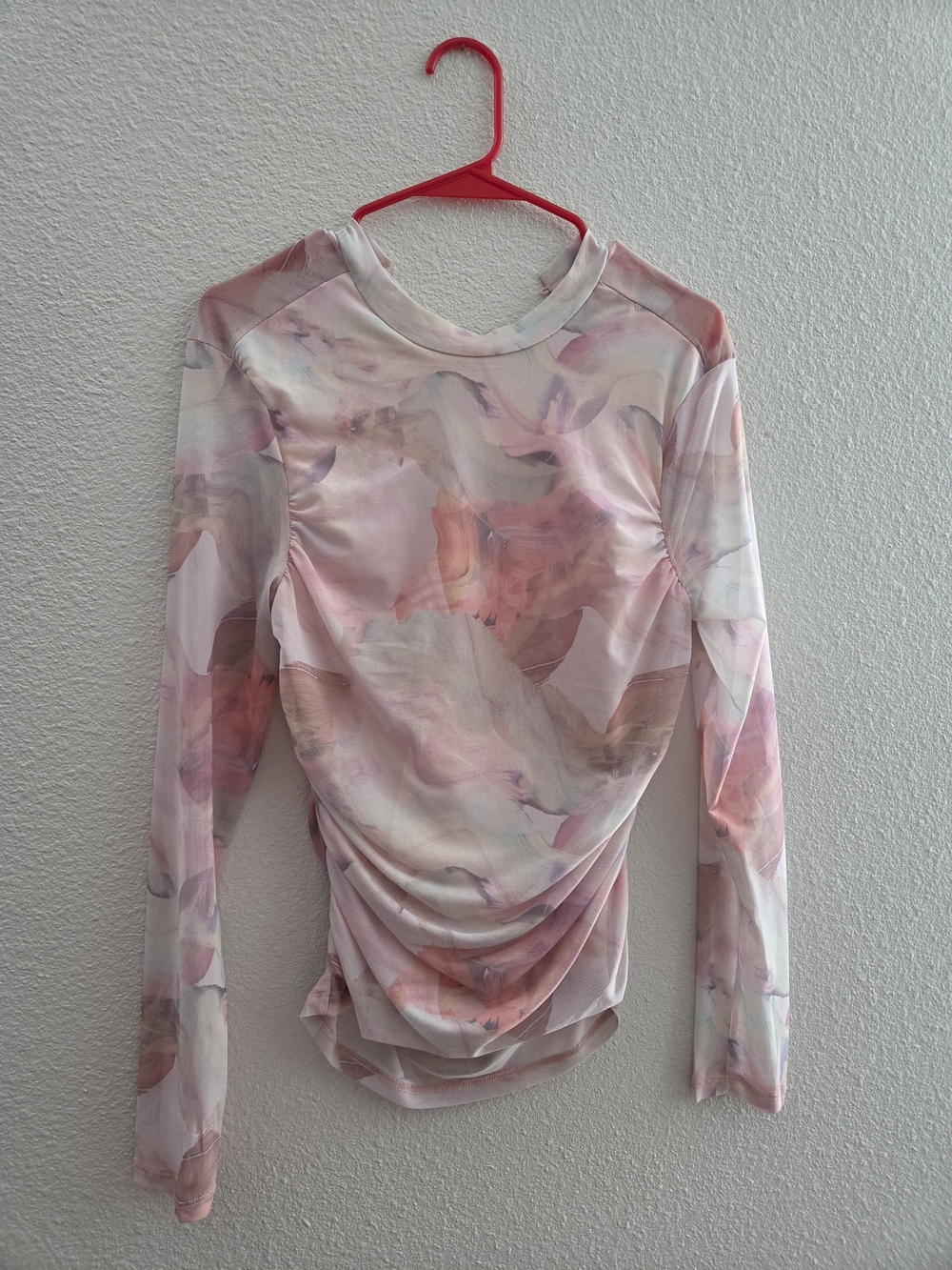 SHEIN Pink Watercolor Ruched Long Sleeve Top